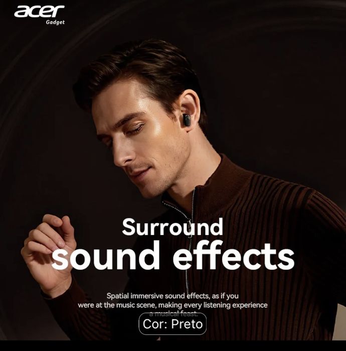 [Acer] Modelo novo 2025 Fone de Ouvido Sem Fio TWS Grave Pesado Estéreo + Cancelamento de Ruído de Fala Ultra Longa Duração Esportes Corrida