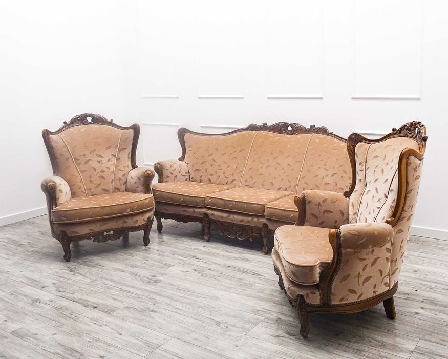 Francuski KOMPLET mebli do SALONU Zestaw Ludwik KANAPA 2 FOTELE buk 70