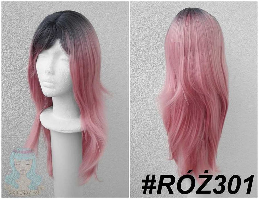 Długa różowa peruka z grzywką czarnym odrostem falowana cosplay wig