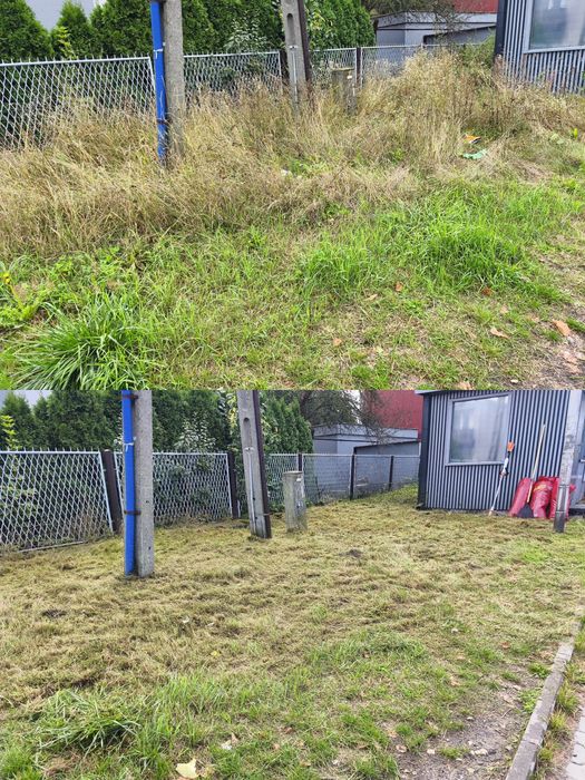 Koszenie  Jesienne prace ogrodowe – sprzątanie, wycinka, koszenie trawy kosą, drewno