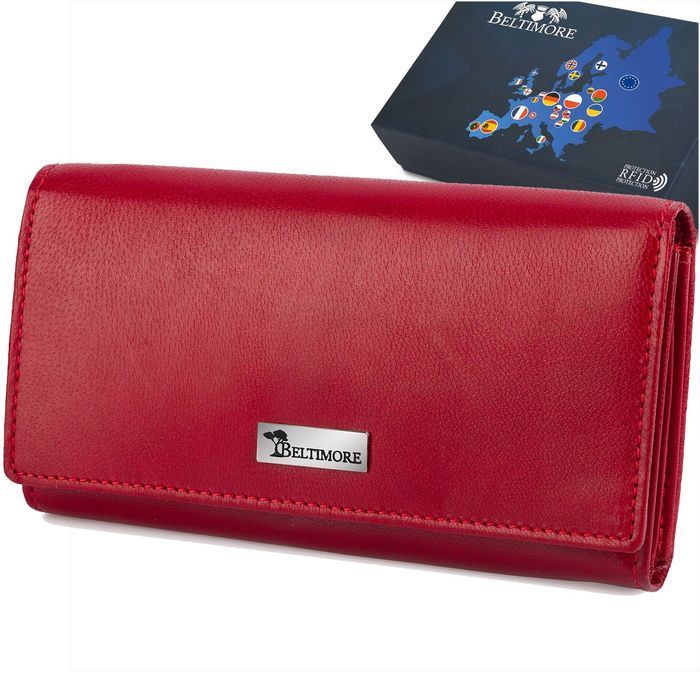 Portfel skórzany damski RFiD na karty klasyk duży czerwony prezent