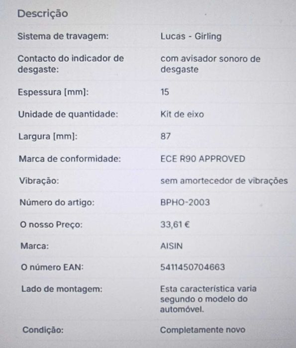 Calços travão traseiros AISIN para Honda Accord VI e VII