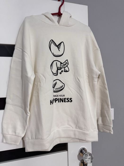 Nowa biała bluza z kapturem „Happiness” – rozmiar S