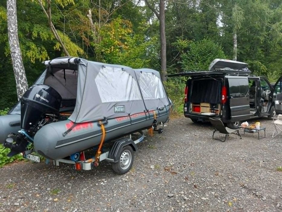 Ponton NawiPoland 450 cm, namiot, przyczepa Miro-Car Sidka S1