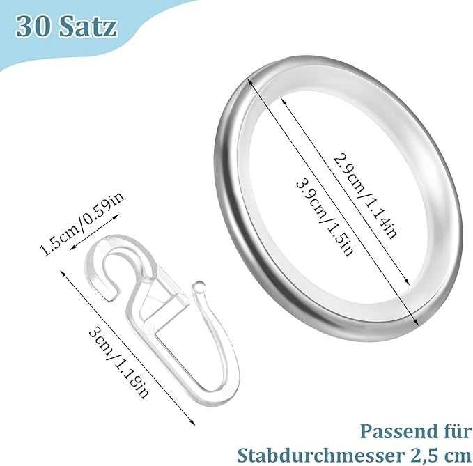 Zestaw 30 metalowych kółek z haczykami do zasłon 30 mm