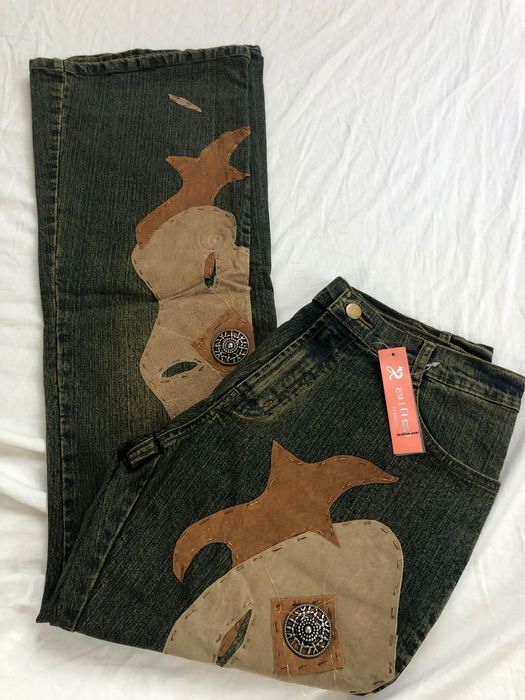 Spodnie dzwony jeansy denim y2k 2000s boho vibe ekoskóra L 33