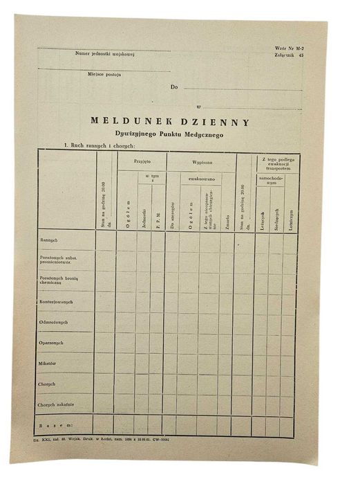 Wojskowy Druk - Meldunek Dzienny Dywizyjnego Punktu Medycznego