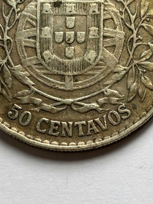 Moeda 50 centavos portugueses prata 1916 Km#561