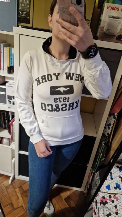 Biała kremowa bluza z kapturem nowa New York kangur elastyczna bawełna