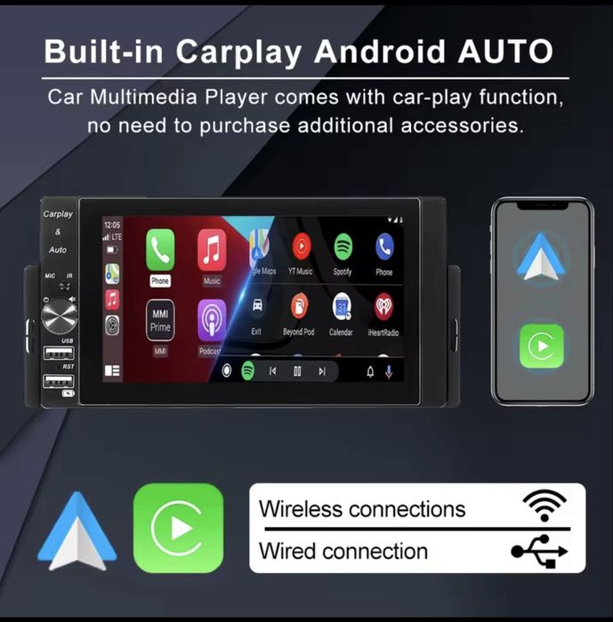 Автомагнітола 5.5” 1DIN з бездротовими CarPlay та Android Auto