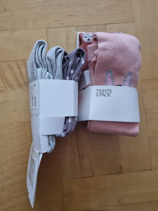 Nowy komplet rajstop H&M króliki szare i w kropki r 98/104