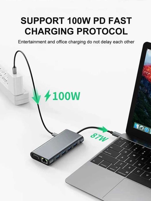 Разветвитель Xаб Hub 11 в 1 USB-C/HDMI/Micro SD/VGA/RJ45/PD100W 4K UHD