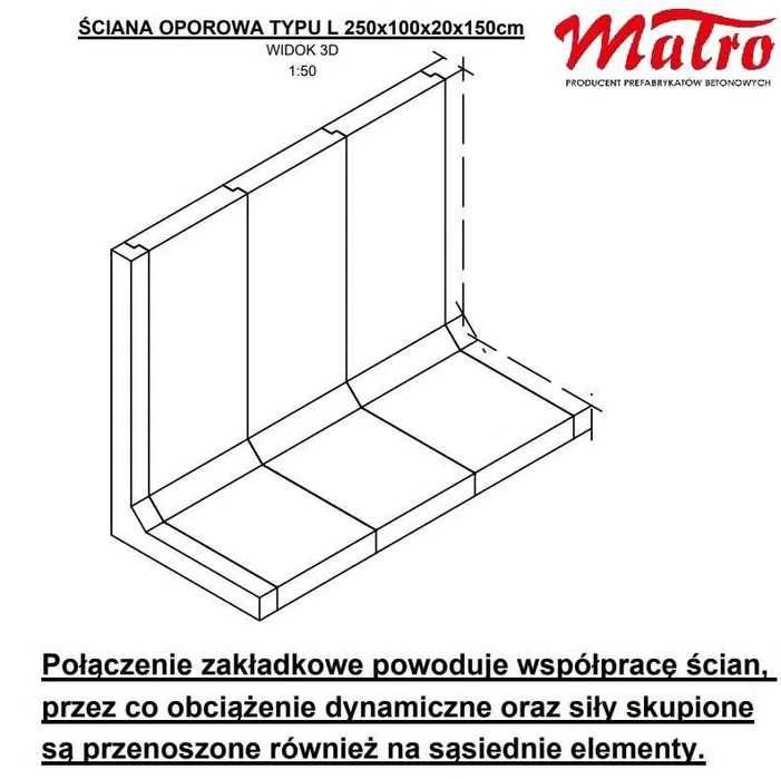 Prefabrykat muru oporowego typu L na zakładkę 250/100/20/150mur mury