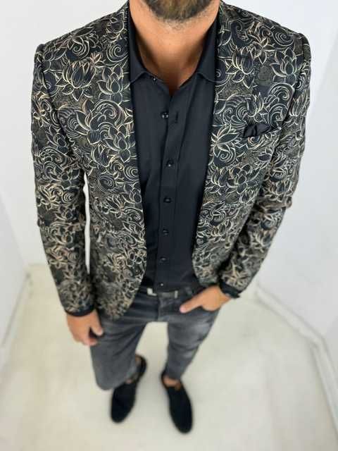 GIOVANNI PERA Marynarka męska D624 elegancka Glamour kwiaty złota 70