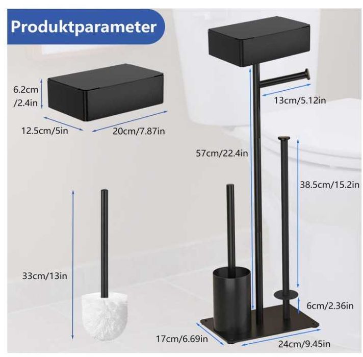 Stojak na papier toaletowy, stal nierdzewna, 4 w 1 + szczotka, czarny
