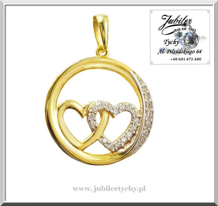 Złote serduszko z cyrkoniami dwa serduszka w kole