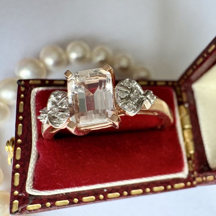 Retro Złoty pierścionek 9k diamenty 0,15 ct brylanty topaz duży R17