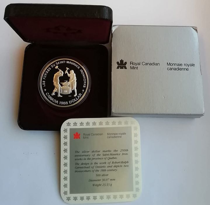 Канада 1 долар 1988р. СРІБЛО. ПРУФ. Кузня Сен - Моріса. Сертифікат.