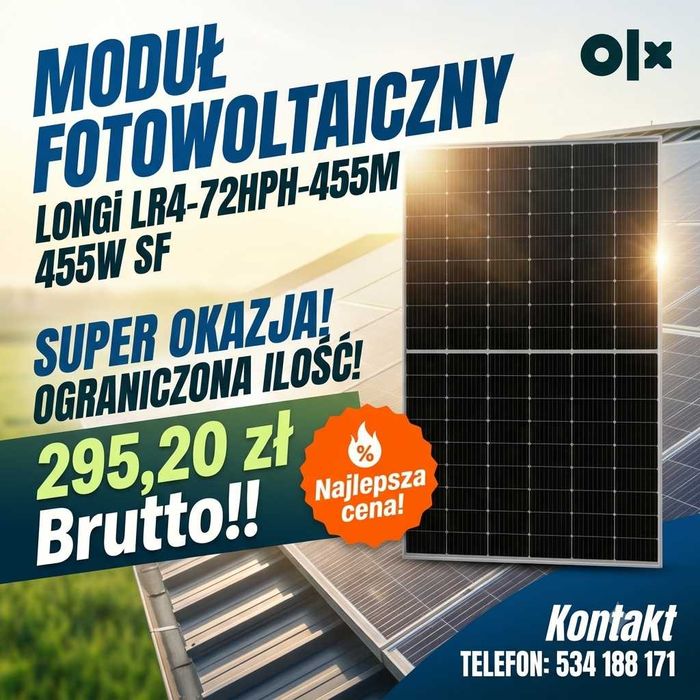 Moduł fotowoltaiczny LONGi LR4-72HPH-455M 455W SF 295,20zł Brutto!!