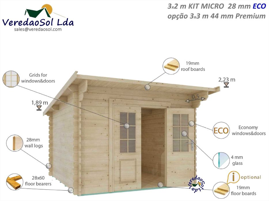 Casa madeira KIT MICRO 28mm Eco 3x2 m Coberta 9m²