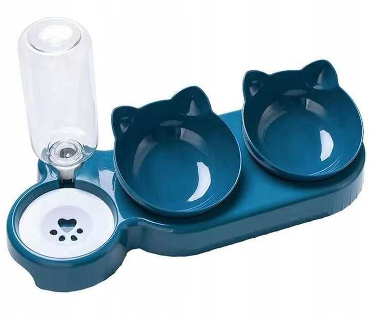 ZESTAW 3w1 Miska Podwójna dla Psa Kota na Karmę z Dozownikiem Poidło