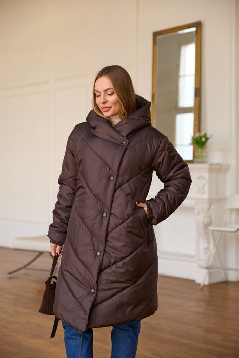 Куртка зимова жіноча для вагітних шоколадний  Пальто довге з капюшоном