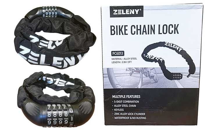 Blokada rowerowa Zeleny numeryczna z kodem otwarcia łańcuch 90cm szyfr
