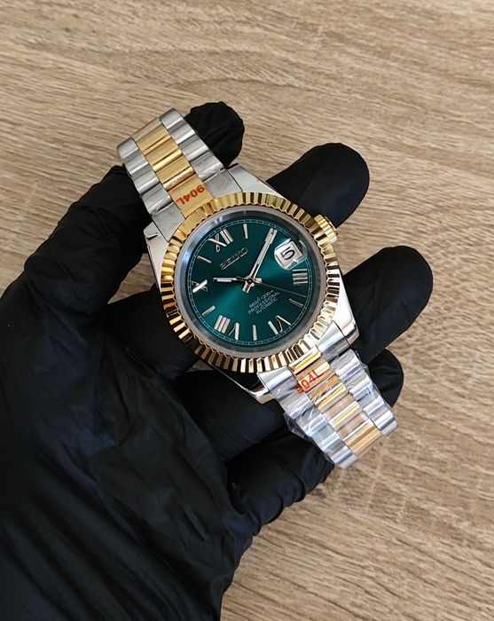 Seiko MOD Datejust Zielony Srebrny Złoty President Custom Nowy