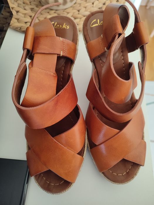 Sandały Clarks 37 koturny espadryle skórzane brązowe sznurek hit lata!