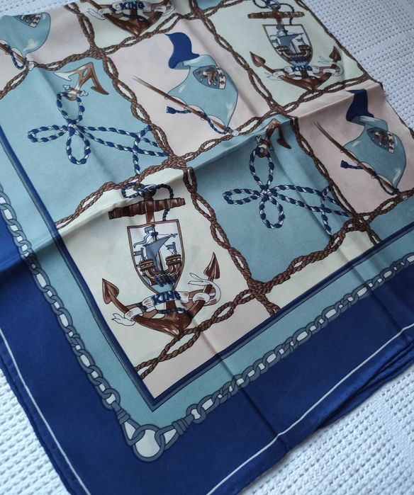 100% Jedwab baby blue róż krem morski print apaszka chustka jedwabna