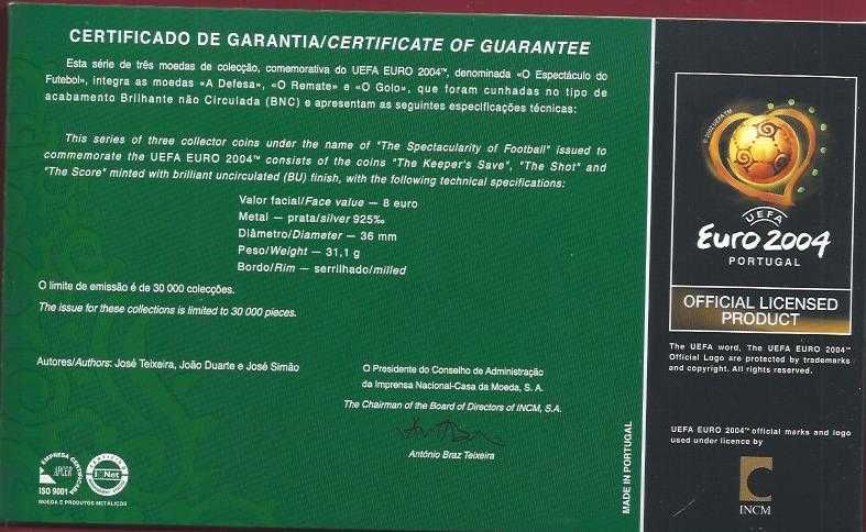 EURO  2004 Moedas BNC Prata  3 de  8  euros o Espetaculo