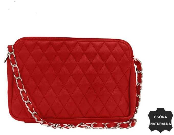 Torebka Damska Skóra Skórzana Z łańcuszkiem Pikowana Czerwona Nowa