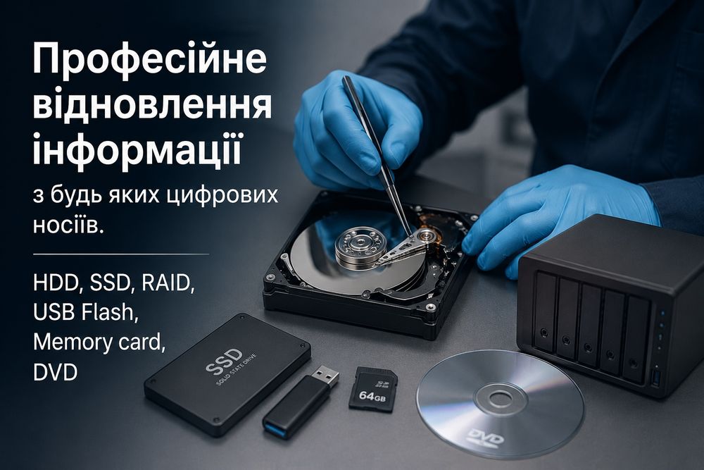 Професійне відновлення інформації з будь яких цифрових носіїв.

HDD, SSD, RAID, USB Flash, Memory card, DVD