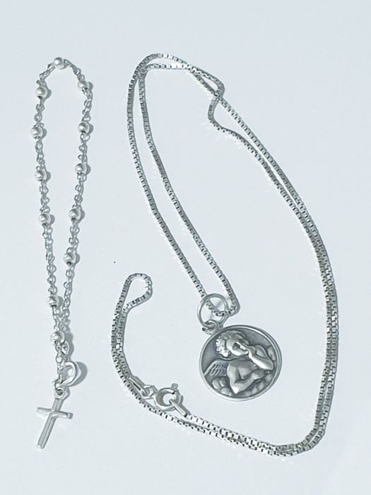 Lindo colar com pendente anjo e pulseira com cruz em prata portuguesa