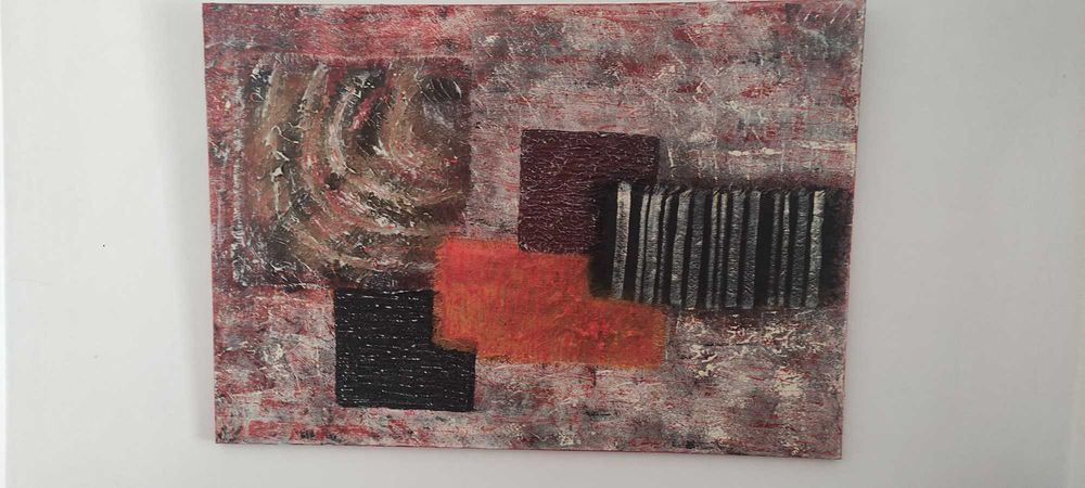 Quadro 100x70 cm em tela com colagem de tecidos cores de outono.