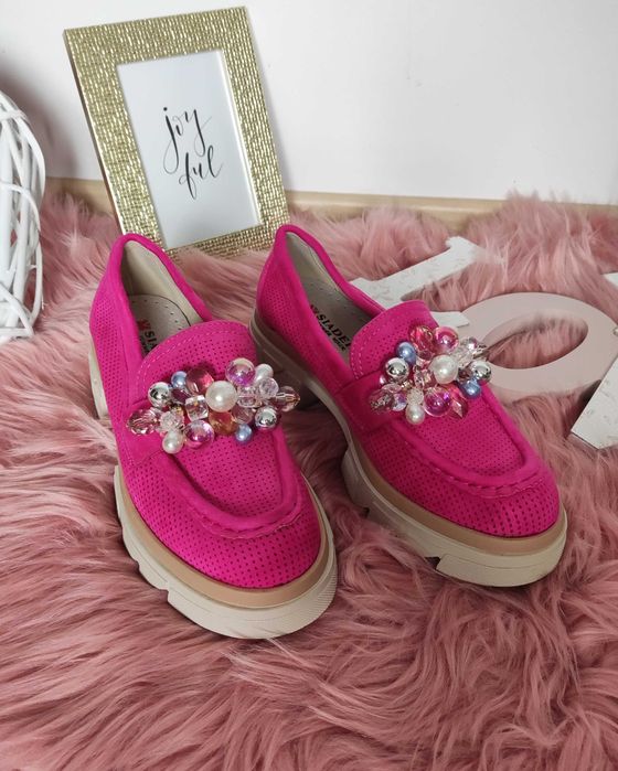 MOKASYNY półbuty DAMSKIE FUKSJA ozdoby Ażurowe 36 - 41