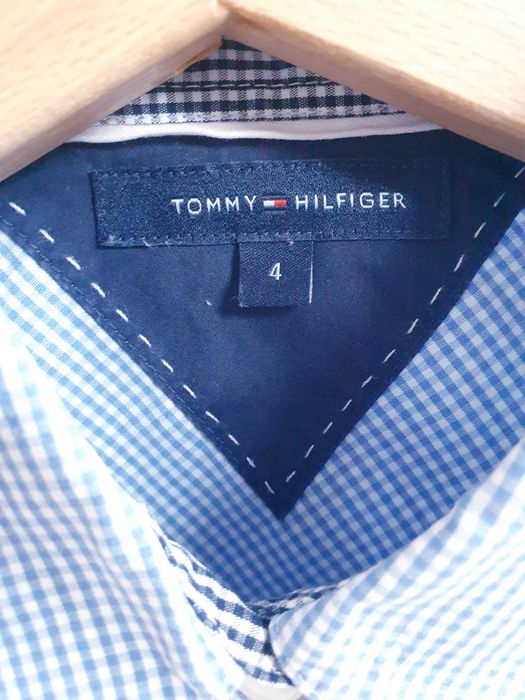Biała koszula z krótkim rękawem niebieska kratka Tommy Hilfiger 32 34