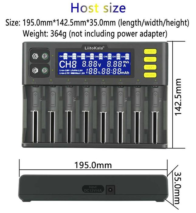 Carregador de pilhas/baterias LiitoKala LII-S8 com 8 slots  NOVO