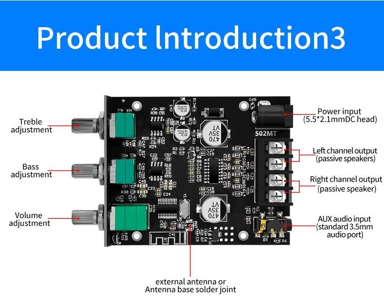 Усилитель мощности аудио 2*50W+ Bluetooth 5.0, AUX,підсилювач ZK-502MT