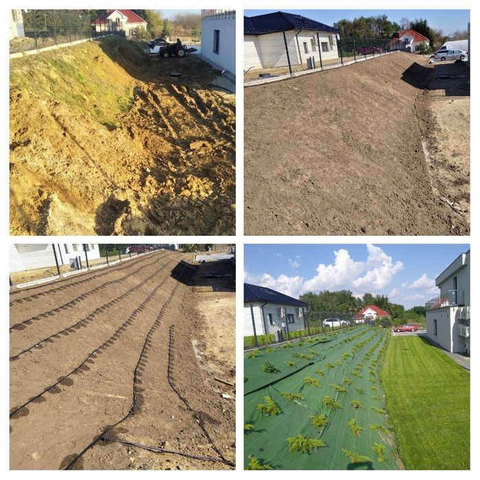 Niwelację terenu, przygotowanie ziemi, siatkę przeciw kretom ,automatyczne nawadnianie, trawnik z siewu, nasadzenia,montaż robotów koszących