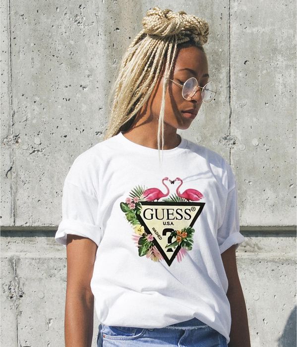 Guess tropikalny taliowany tshirt flamingo