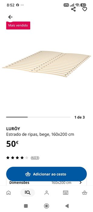 Estrutura de Cama em Pinho  c/ estrado de ripas 160x200 IKEA