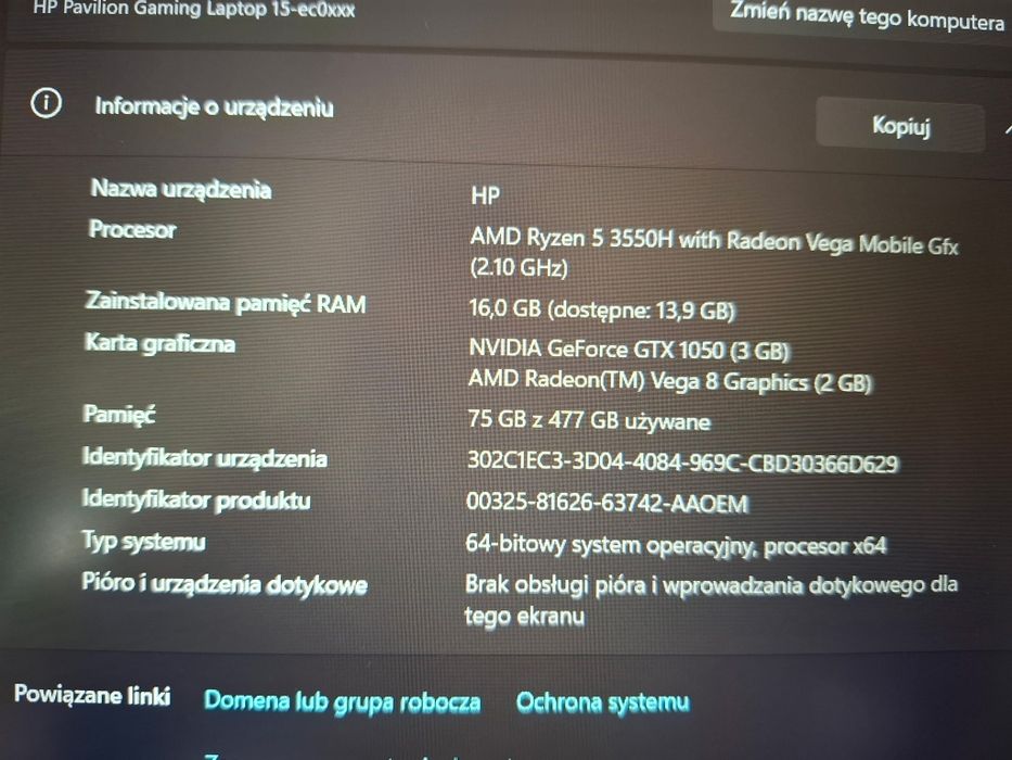 Laptop gamingowy HP Pavilion 15 AMD Ryzen GTX 16gb RAM