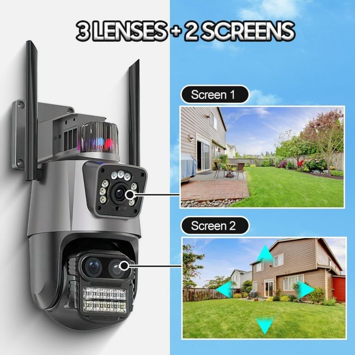 Камера видеонаблюдения IP 3 объектива с сиреной и трекингом человека.