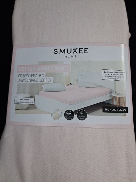 Nowe prześcieradło bawełniane Smukee 160x200 pudrowy róż z gumką jerse