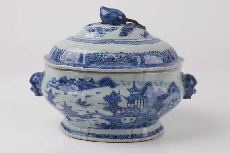 Terrina China Azul Pagodes Reinado Qianlong