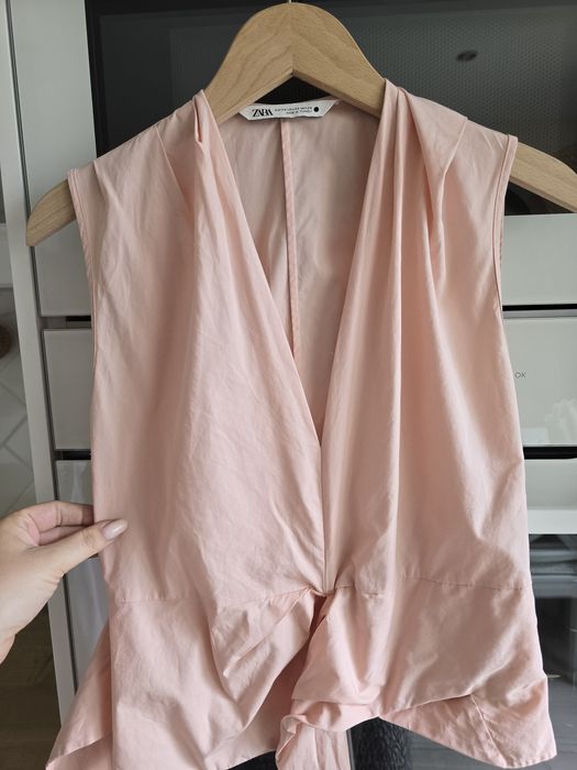 Bluzka bawełniana ZARA wiązana pudrowy róż elegancka