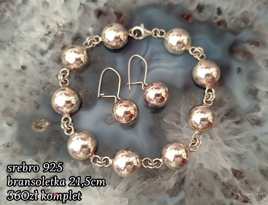 Srebrna biżuteria komplet bransoletka kulki kolczyki srebro 925