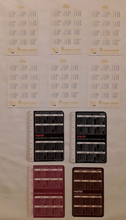 Calendários de bolso Triple Marfel (anos 1978, 1982, 1986, 1988 e 1996