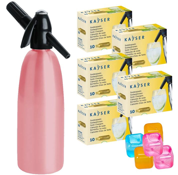 Saturator syfon do wody gazowanej różowy 1L + 50 naboi + 5 kostek lodu